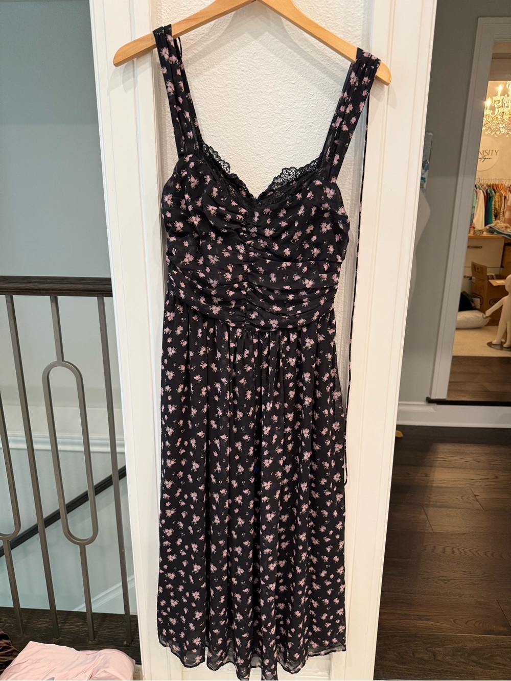 For Love & Lemons Black Pink Floral Lace Midi Dress Size M - Picture 2 of 4